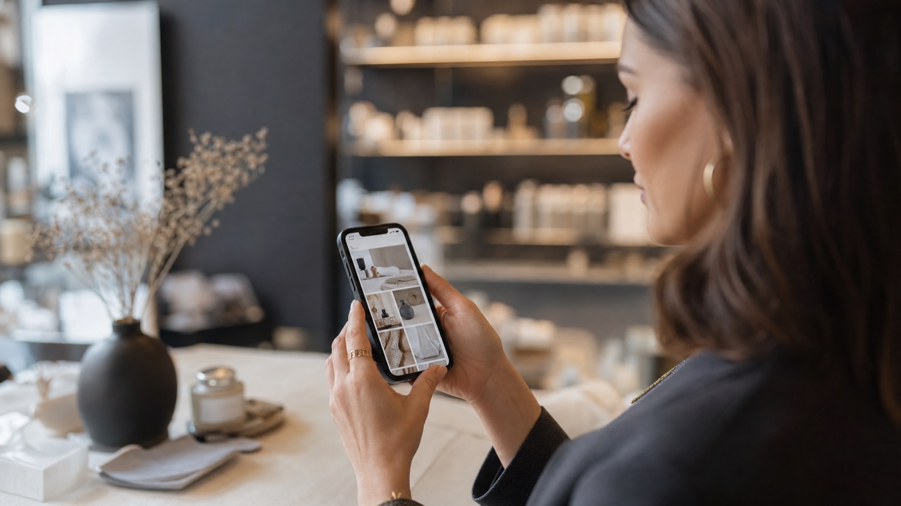 A business owner reviewing her shop's social content on her phone