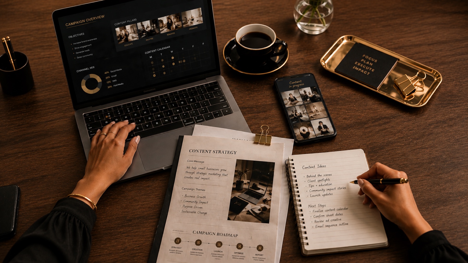 A campaign strategy dashboard with content calendar and channel mix on a laptop