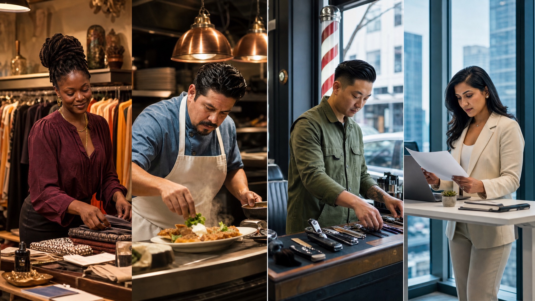 Four business owners at work: a boutique owner, a chef, a barber, and a consultant.