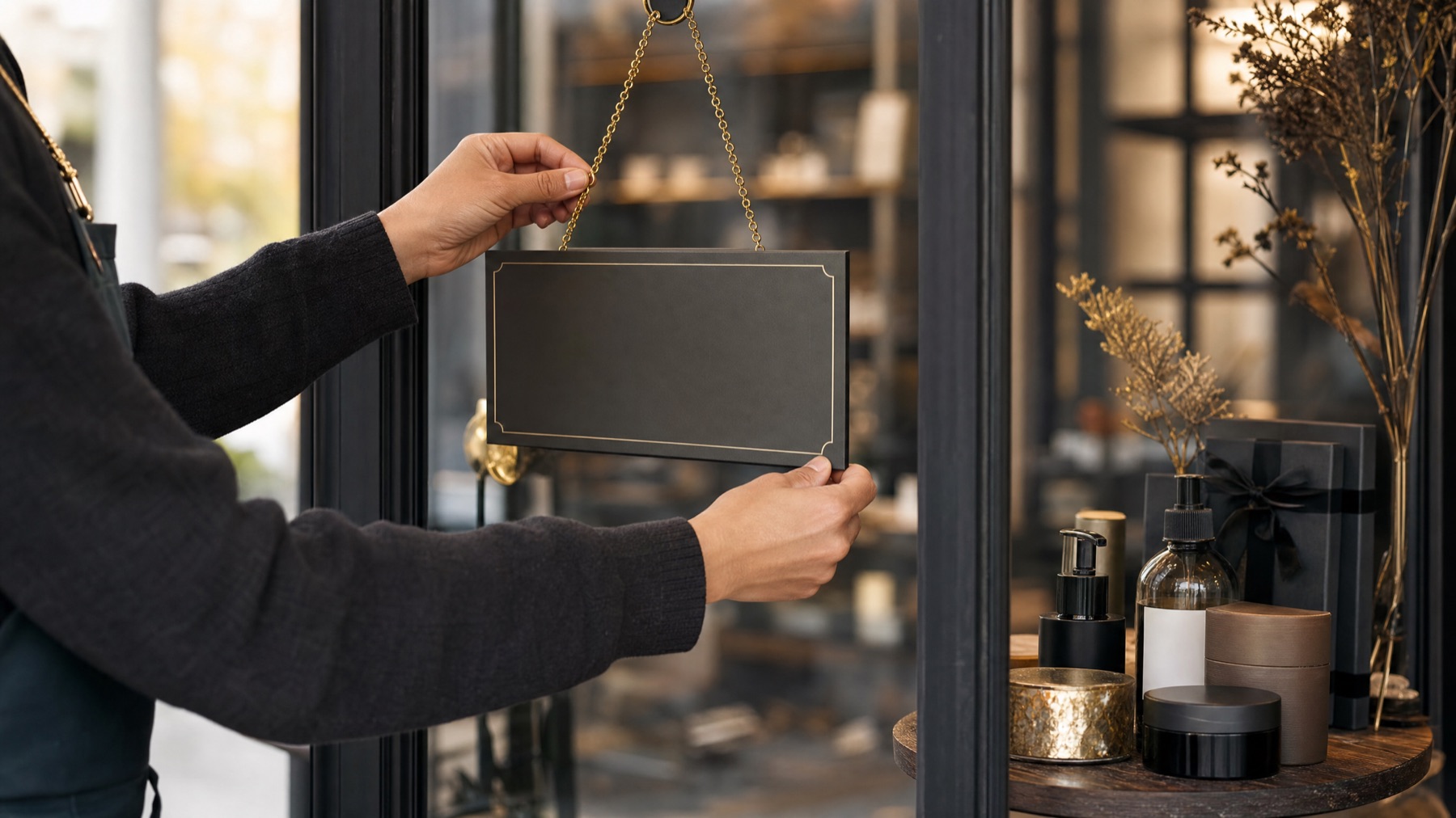 A shop owner hanging a sign in gold and black at their storefront
