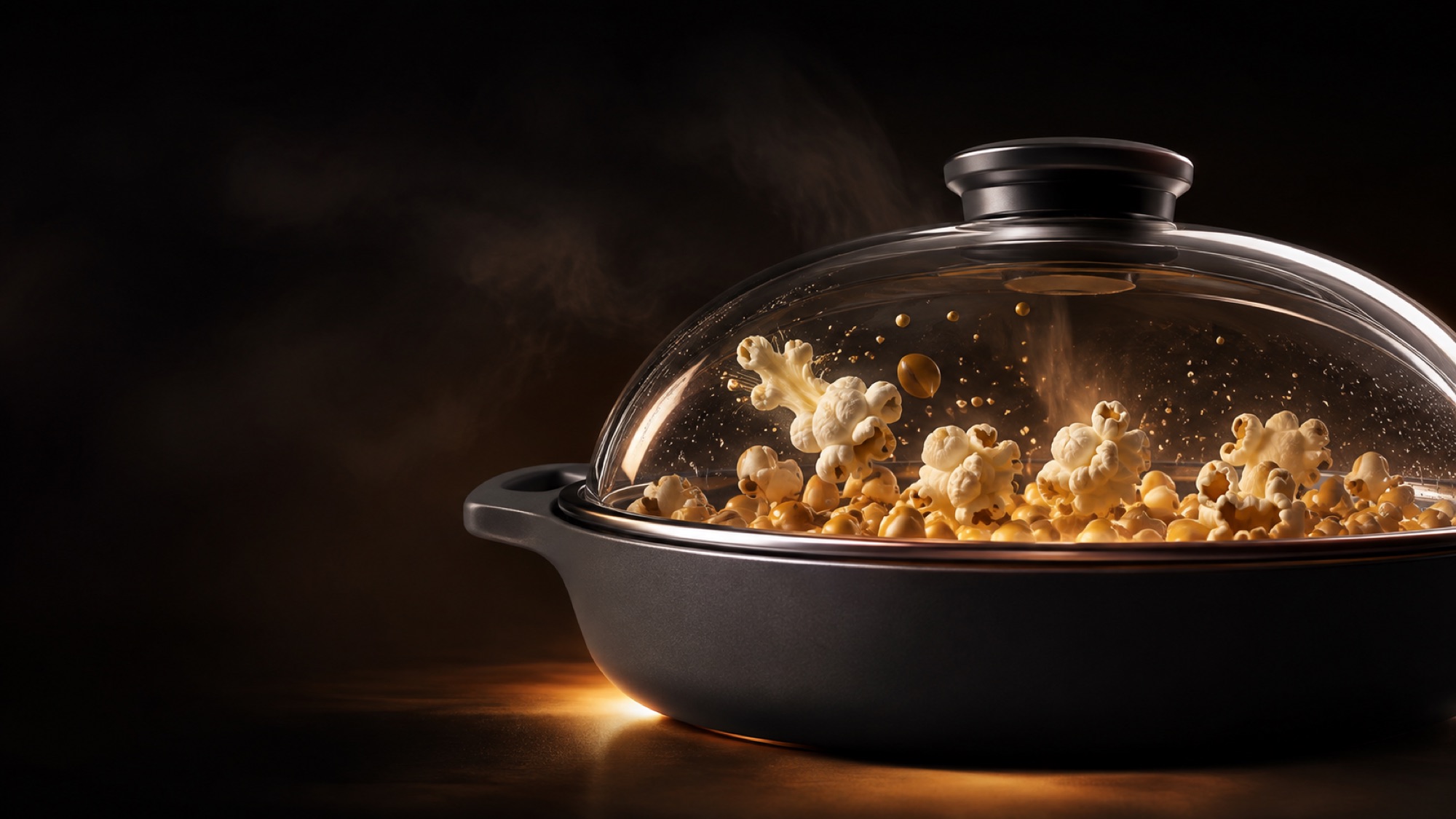 Popcorn popping under a glass lid, lit dramatically against a black background