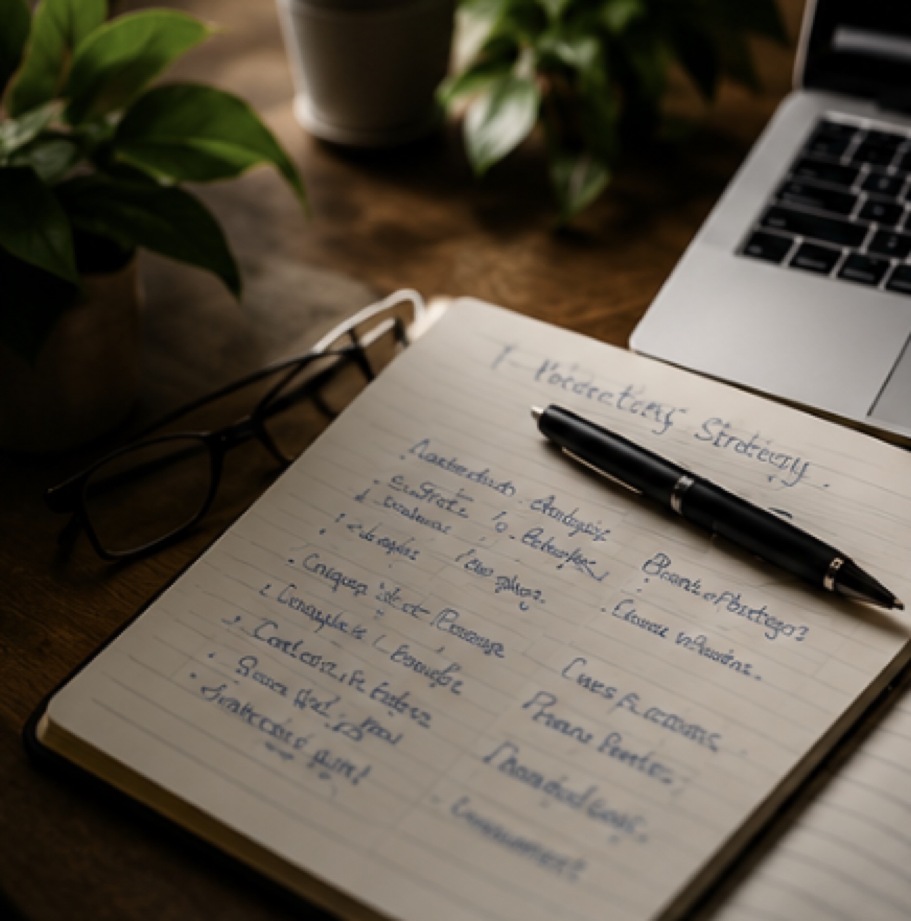 Handwritten marketing strategy notes beside a laptop