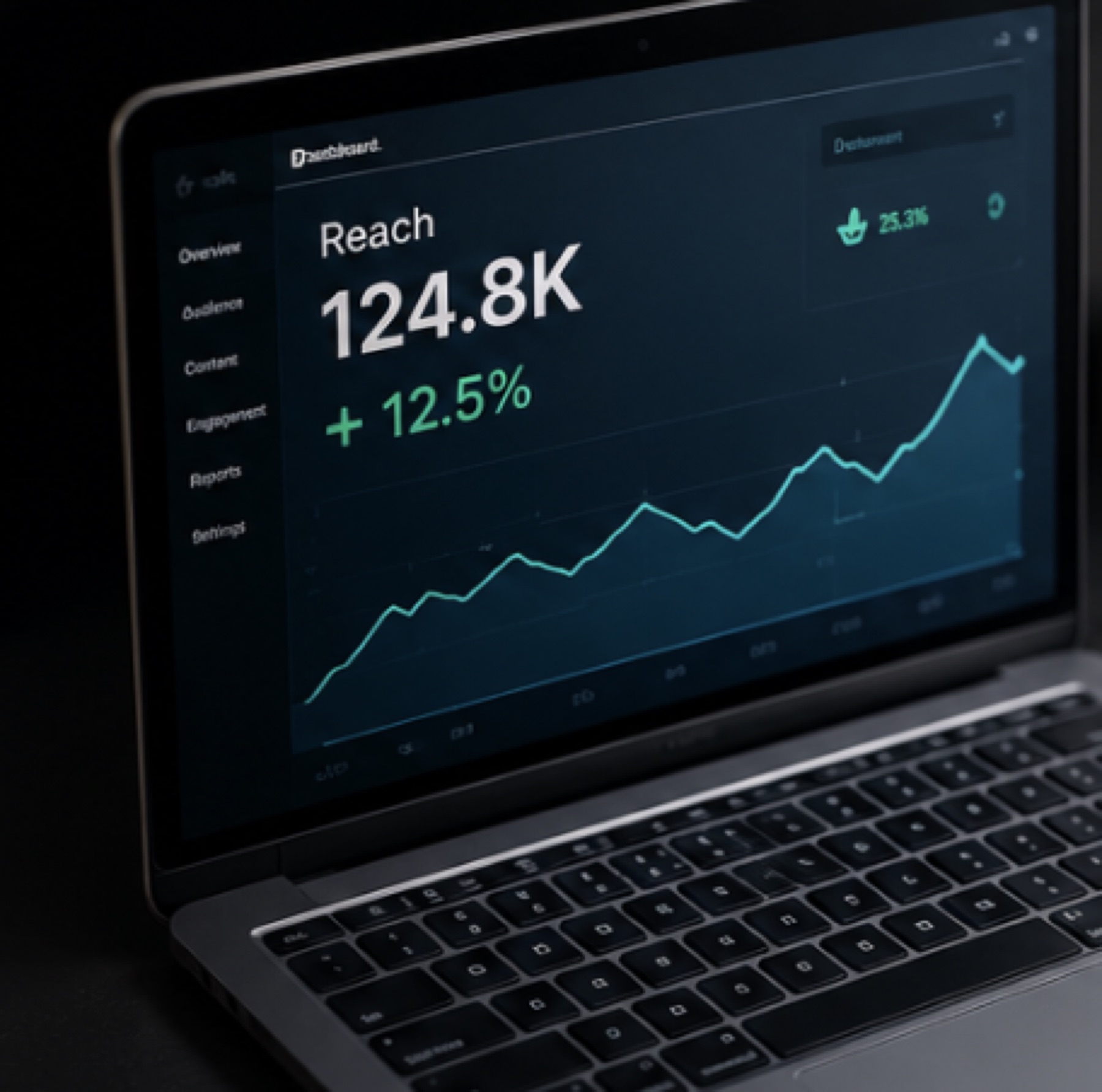 A laptop displaying an analytics dashboard with reach and engagement metrics