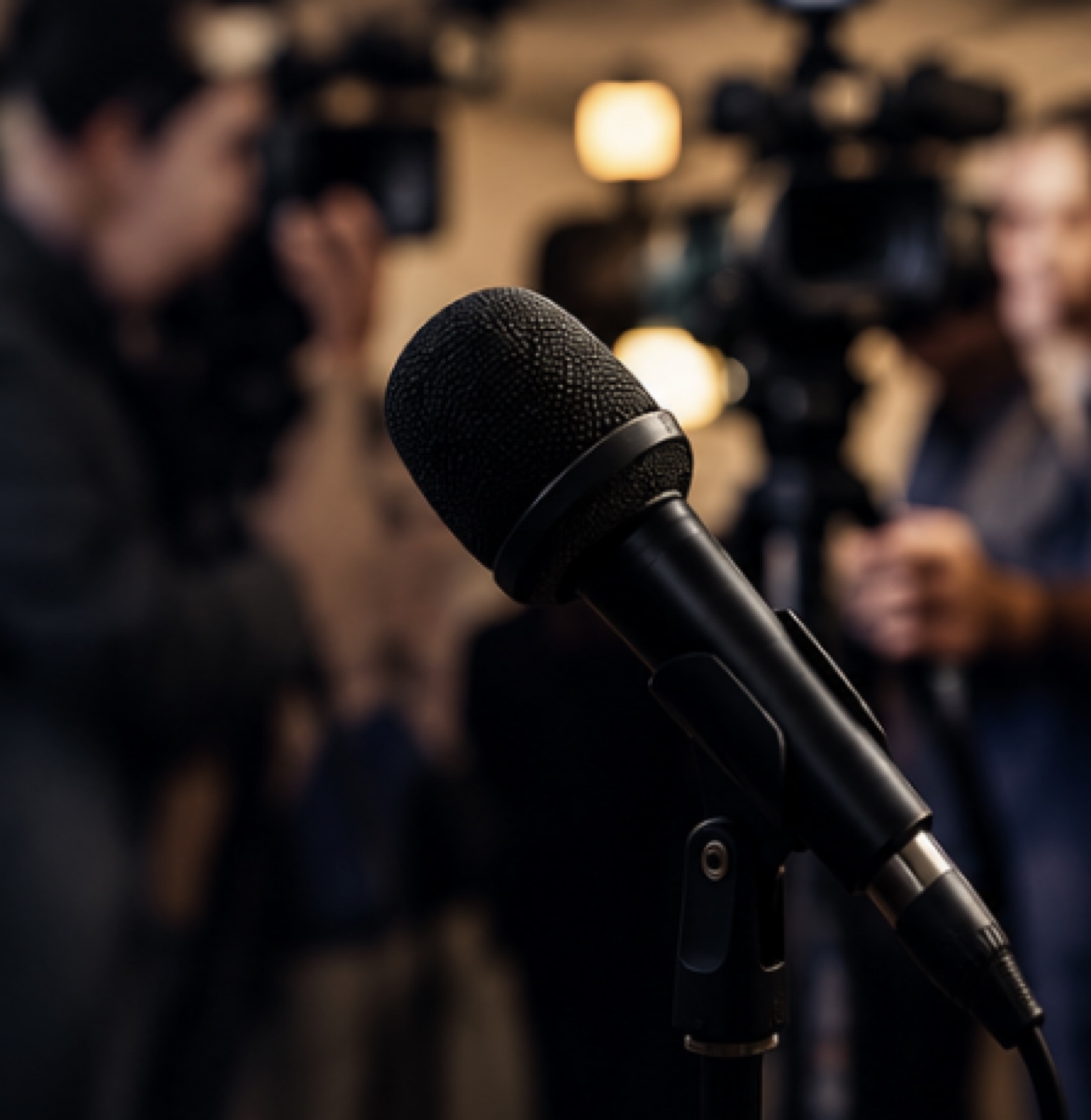 A microphone at a press conference with photographers in the background