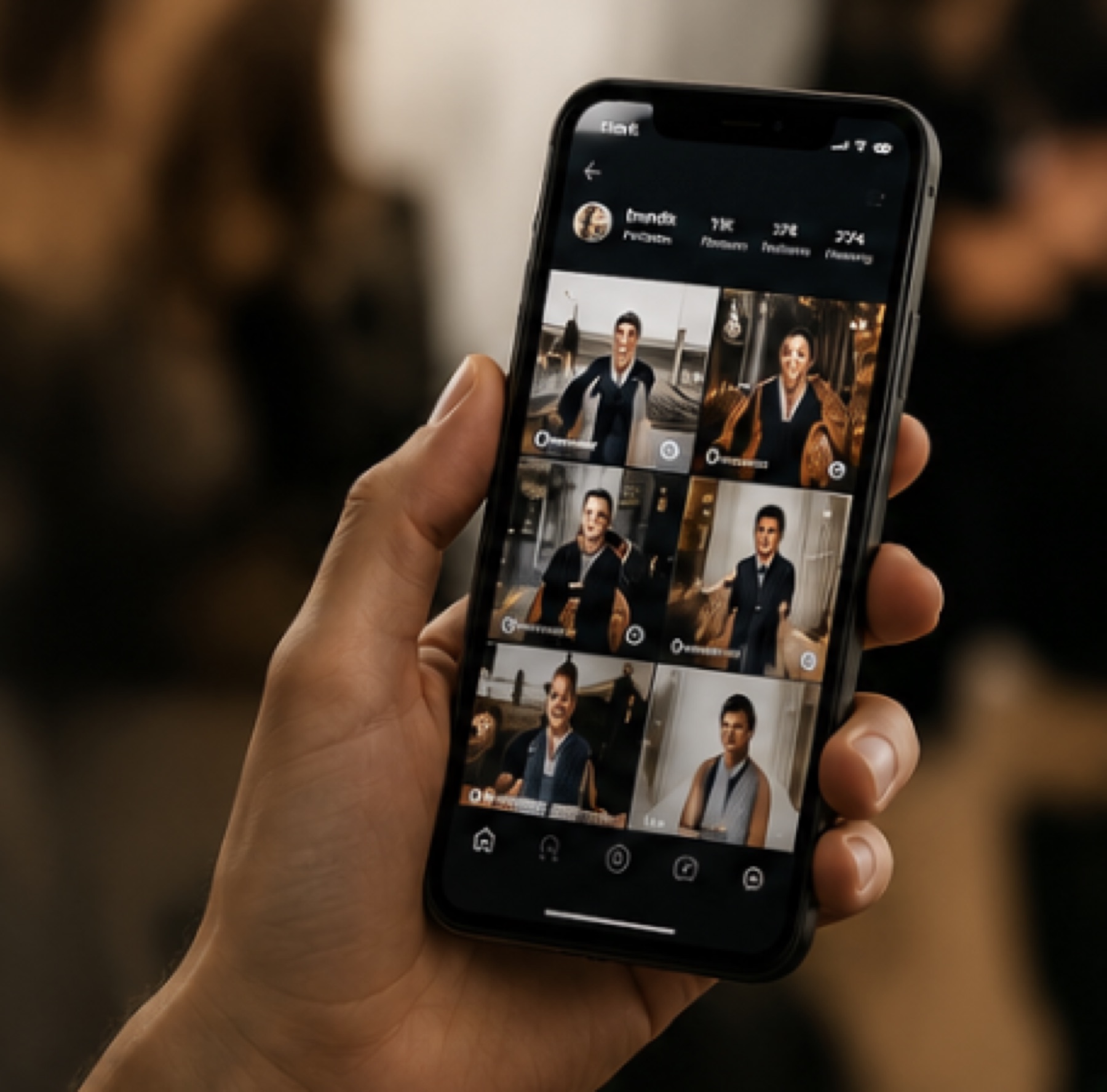 A hand holding a phone showing an Instagram content grid