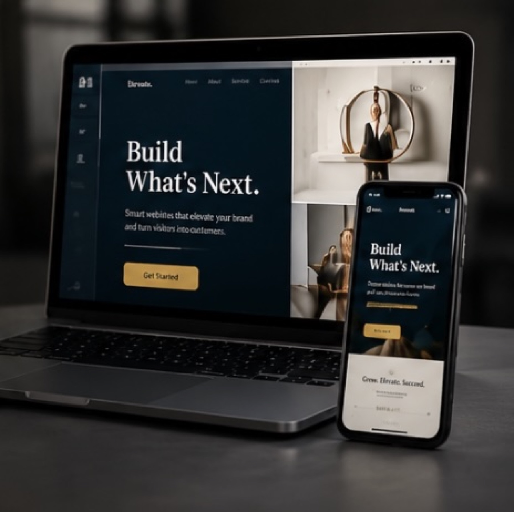 A laptop and phone displaying a website design mockup titled Build What's Next